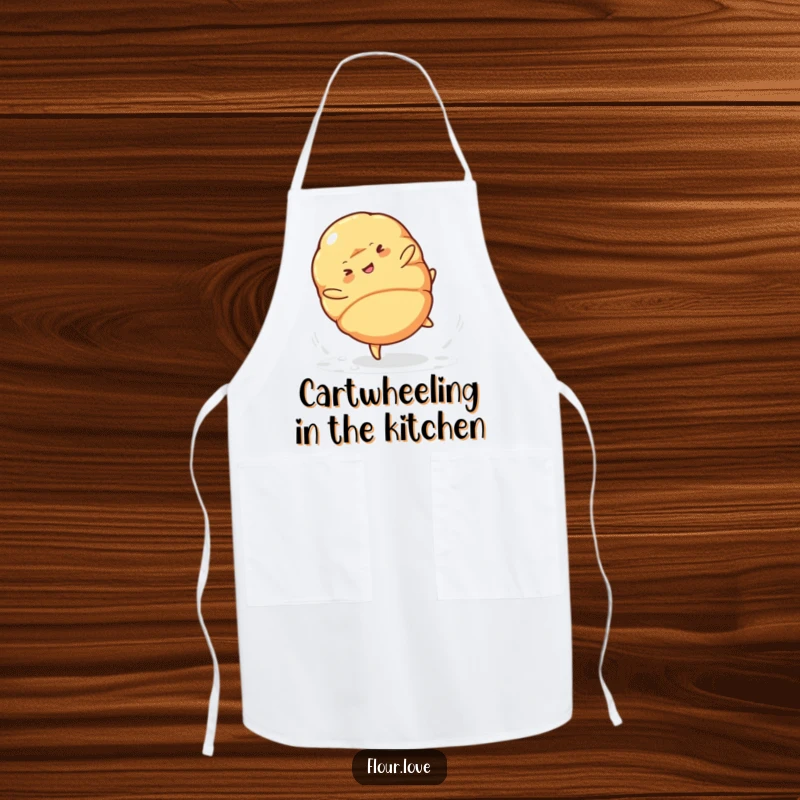 Funny croissant character performing a cartwheel while baking, powdered sugar dusting the scene, a humorous apron for kitchen fun.