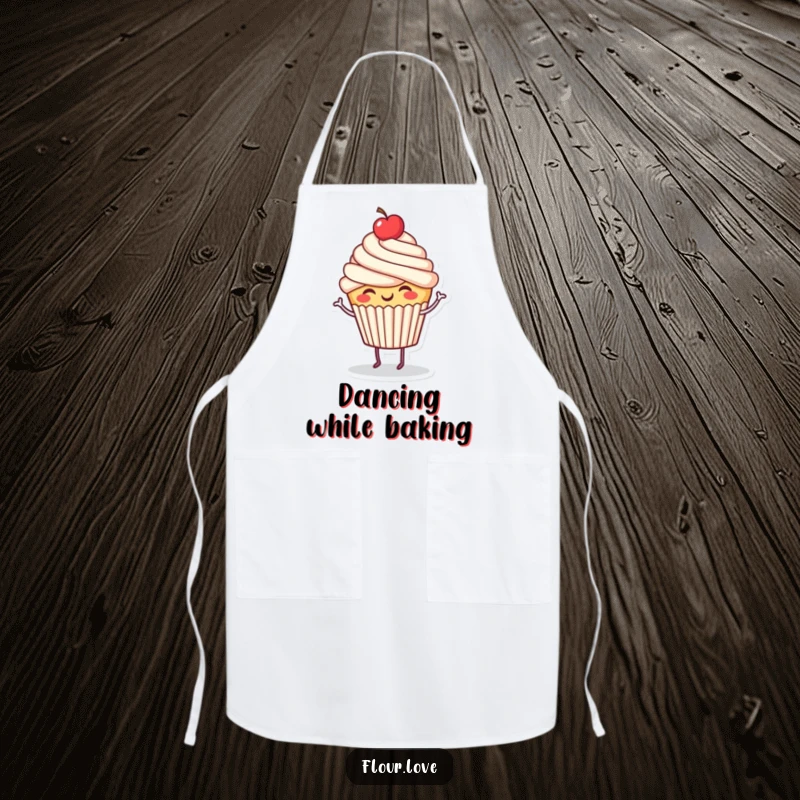Funny giggling cupcake character dancing with a cherry on top, a humorous apron for kitchen fun and baking.