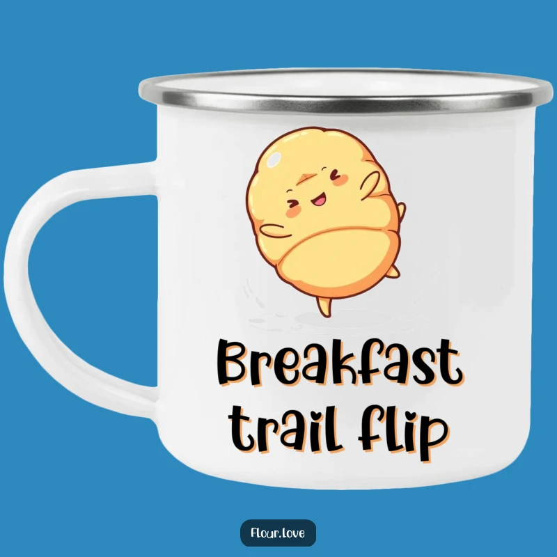 Adventurous Funny Croissant Cartwheel Camping Mug: Trailside Treats and Laughter