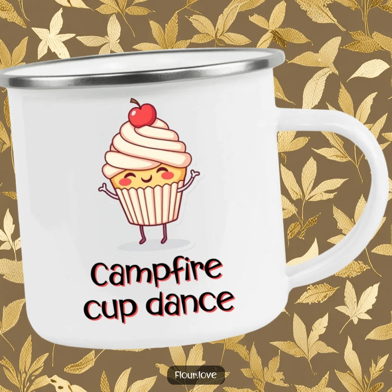 Funny giggling cupcake character dancing with a cherry on top, in a camping setting, a humorous mug.
