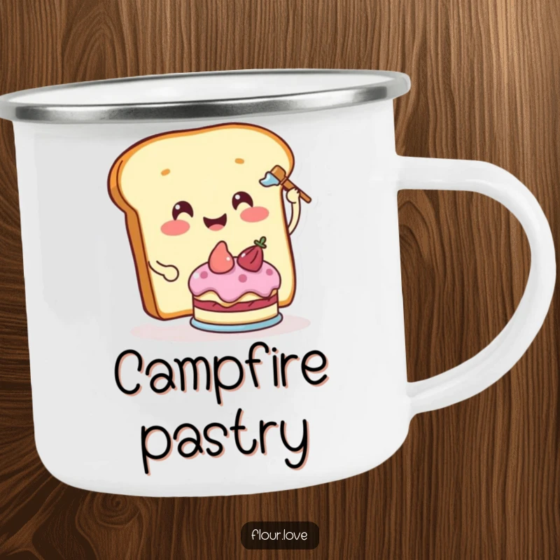 Funny smiling slice of bread character frosting a cake, a sweet and humorous design on a camping mug.