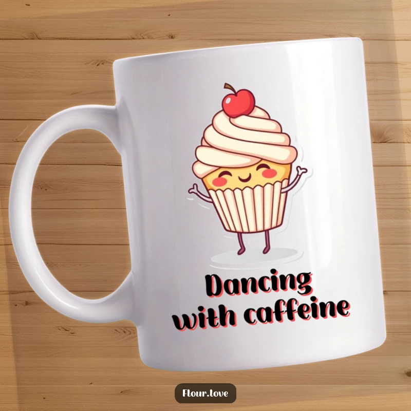 Funny giggling cupcake character dancing with a cherry on top, a joyful and humorous mug.