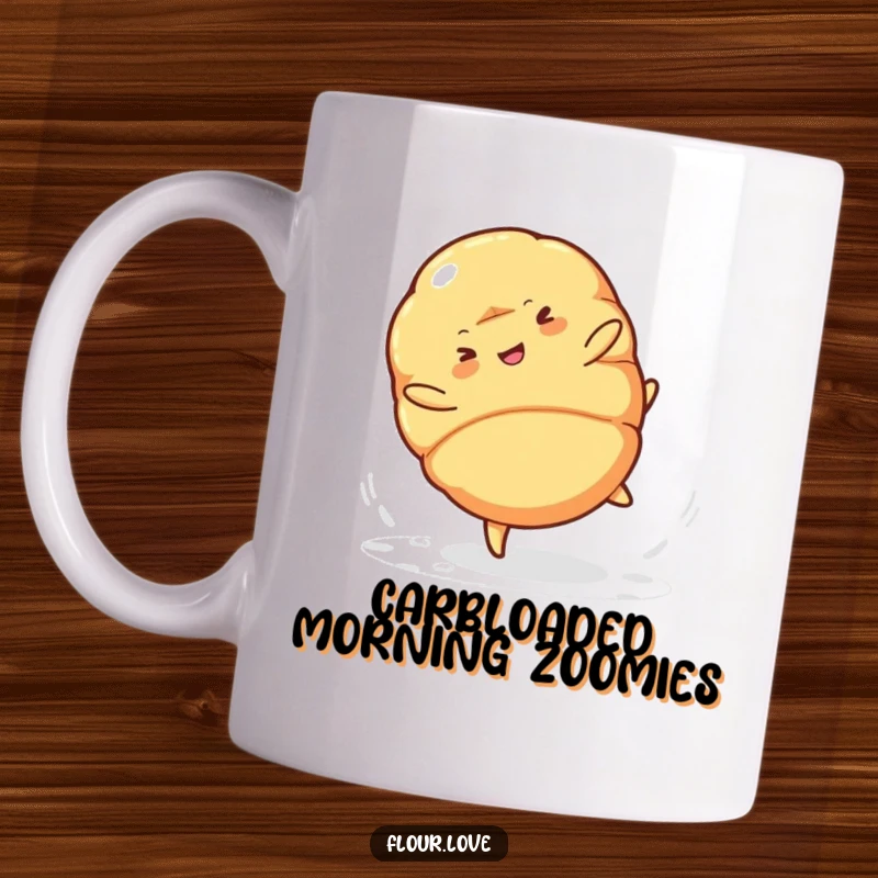 Funny croissant character doing a cartwheel with powdered sugar falling, celebrating life's sweet moments on a ceramic mug.