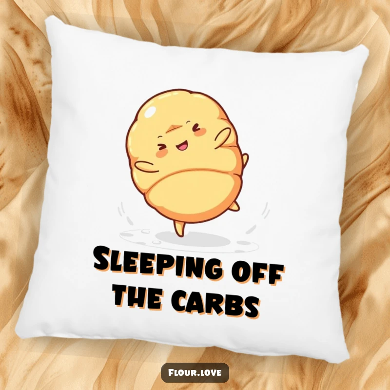 Funny croissant character cartwheeling energetically, powdered sugar gently falling, a soft and humorous throw pillow.