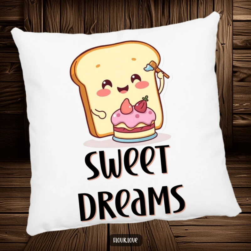Funny smiling slice of bread character frosting a miniature cake, a cozy and humorous accent pillow.