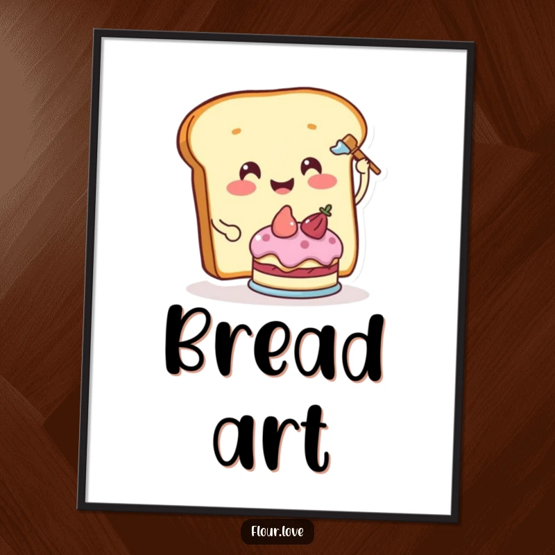 Funny smiling slice of bread character frosting a miniature cake, a high-resolution digital art print for sweet decor.
