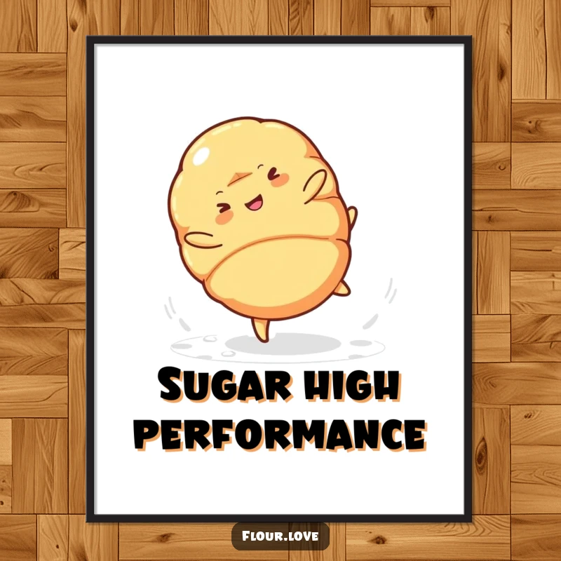 Funny croissant character cartwheeling with powdered sugar falling, a high-resolution digital art print for instant whimsical decor.