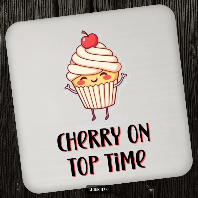 Funny giggling cupcake character dancing with a cherry on top, a set of humorous drink coasters.