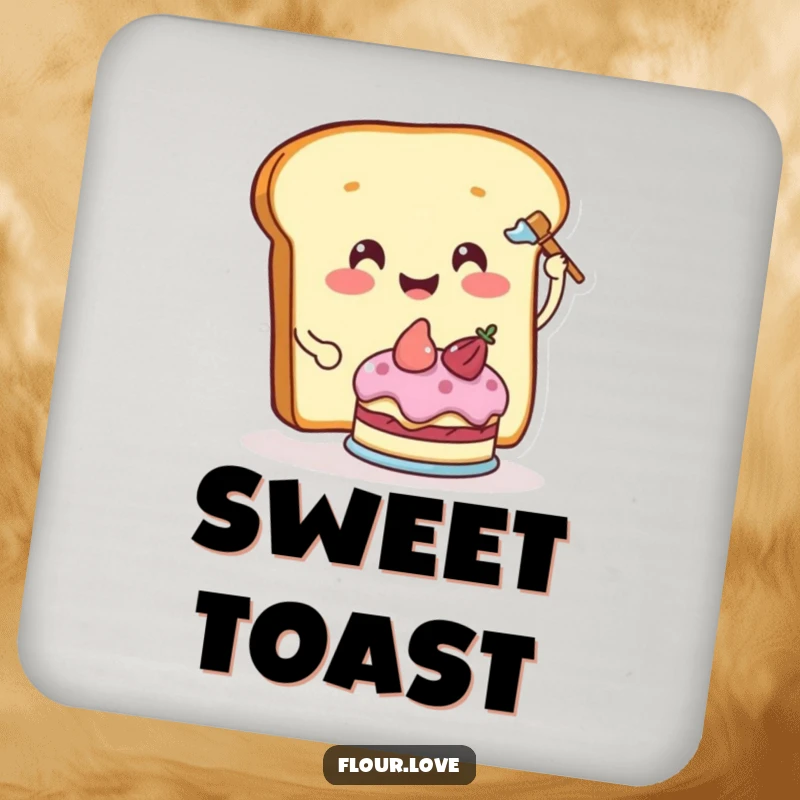 Funny smiling bread slice character frosting a cake, a sweet and humorous coaster design.