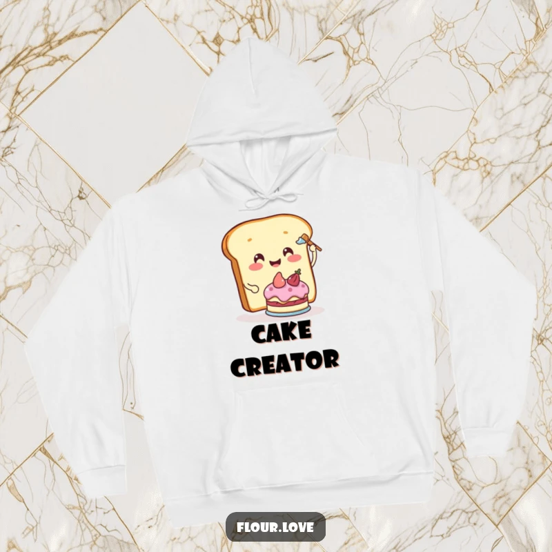 Funny smiling slice of bread character frosting a miniature cake, a cozy and humorous design on a hoodie.