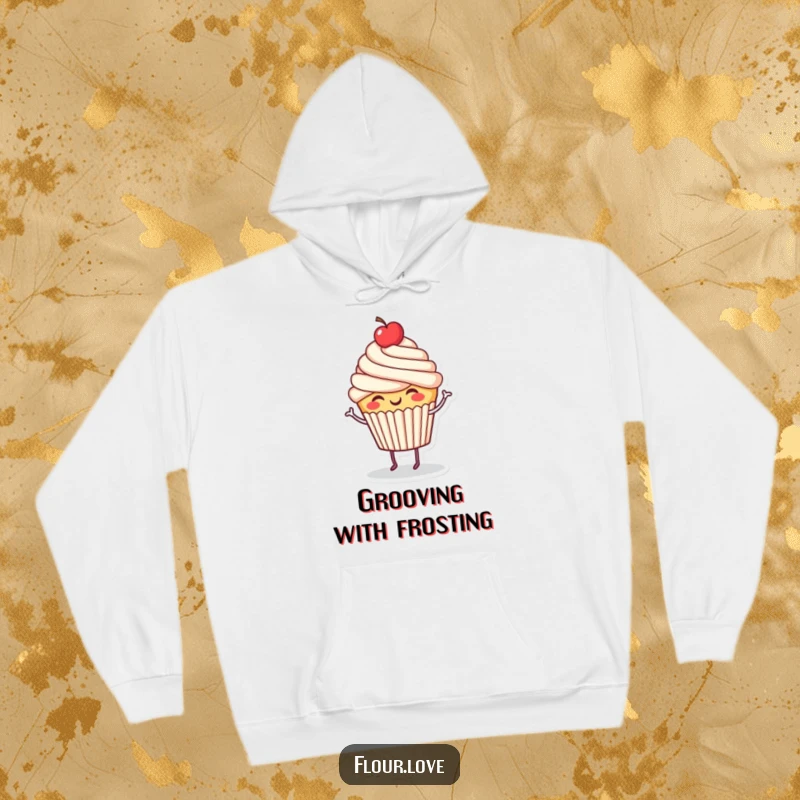 Funny giggling cupcake character dancing energetically, cherry on top, a warm and humorous hoodie for sweet comfort.