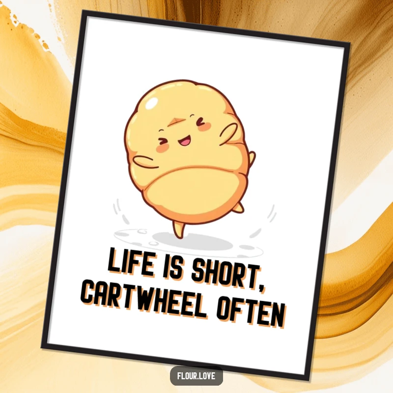 Funny Free Printable Wall Art: A whimsical croissant character hilariously cartwheeling with powdered sugar flying, a fun kitchen decor piece.