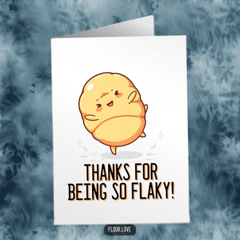 Funny Free Printable Thank You Card: A cartwheeling croissant character showering powdered sugar, perfect for a humorous thank you.
