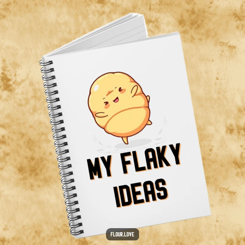 Funny croissant character mid-cartwheel, powdered sugar falling, a delightful notebook for capturing thoughts and ideas humorously.