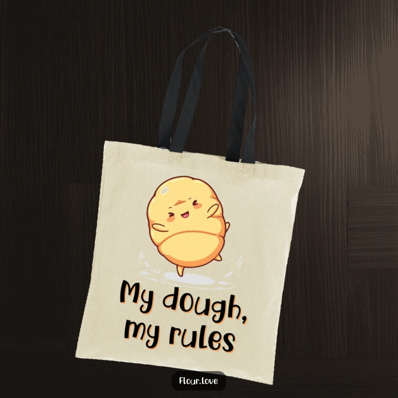 Funny croissant character cartwheeling with powdered sugar falling, a vibrant and humorous tote bag for daily use.
